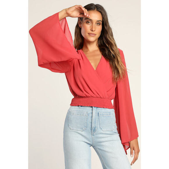Lulus Tops - NWOT Lulus Loving Aura Coral Red Smocked Long Flutter Sleeve Top